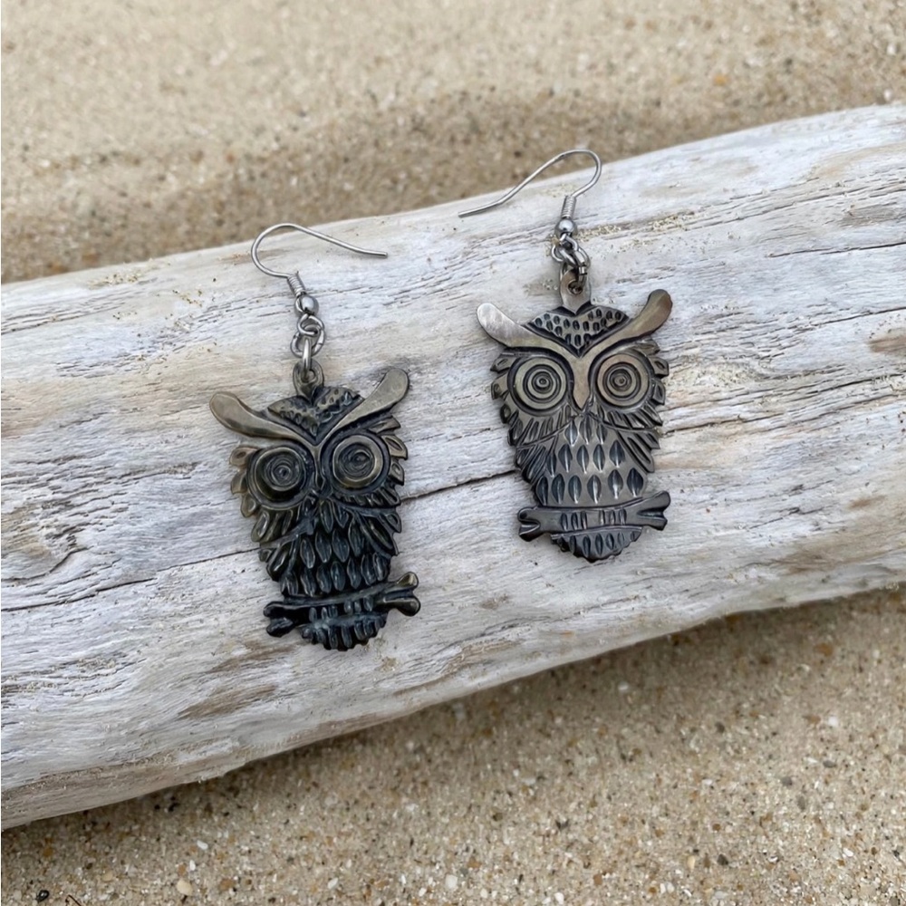 Black lip Mother of Pearl Carved Owl Dangle Earrings - Iridescent